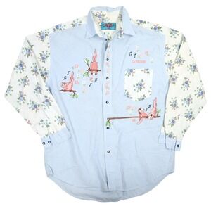 La Pagayo Western Grandmacore Bird‎ Shirt Mens M Blue Floral Patchwork Vintage